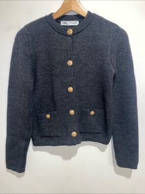 Zara Dark Charcoal Knit Sweater with Gold Buttons Size M